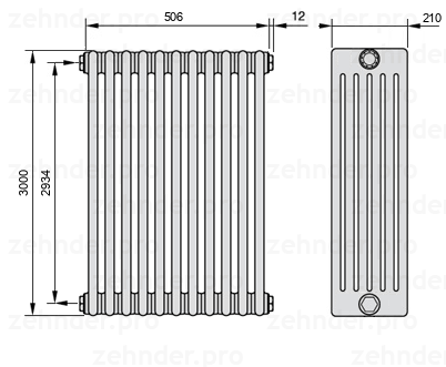 Схема (чертеж) Радиатор Zehnder Charleston 6300/11 №1270 Белый глянцевый RAL 9016